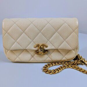 Chanel Melody Cream White Caviar Quilted Mini Flap Belt Bag